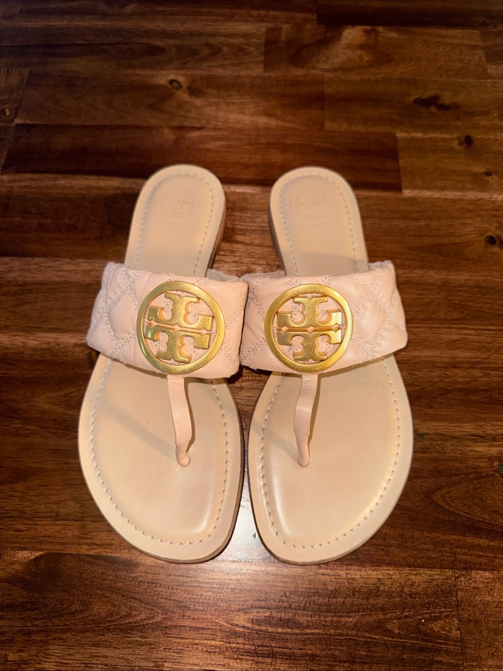 Tory Burch Cream Quilted Miller Thong Sandals with Gold Logo